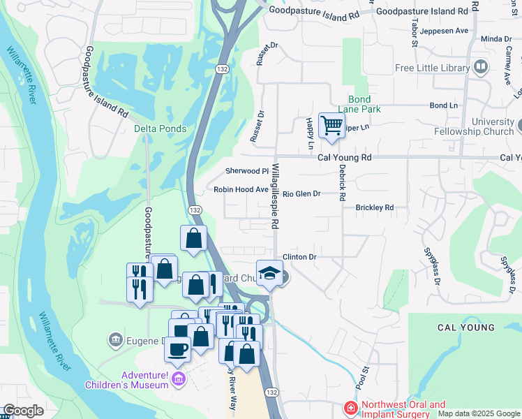 map of restaurants, bars, coffee shops, grocery stores, and more near 998 Robin Hood Avenue in Eugene