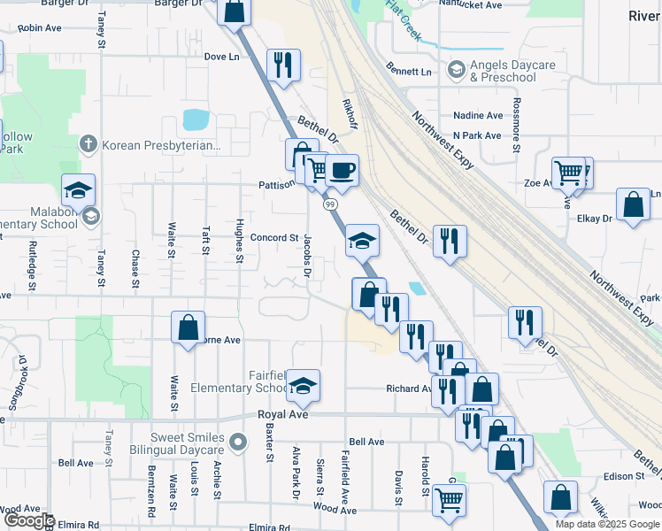 map of restaurants, bars, coffee shops, grocery stores, and more near 1279 Jacobs Drive in Eugene