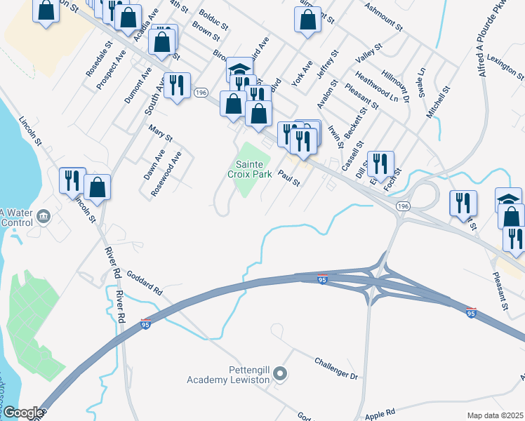 map of restaurants, bars, coffee shops, grocery stores, and more near 61 Jones Avenue in Lewiston