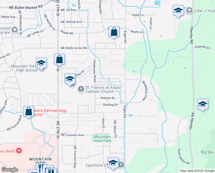 map of restaurants, bars, coffee shops, grocery stores, and more near 21357 Oakview Drive in Bend