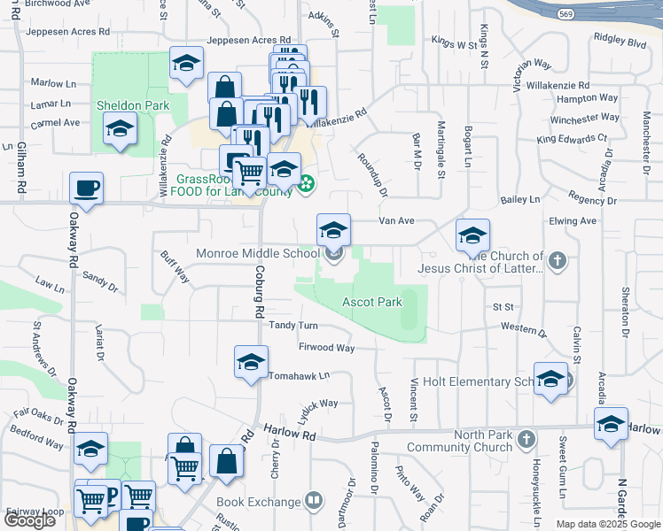 map of restaurants, bars, coffee shops, grocery stores, and more near 2800 Bailey Lane in Eugene