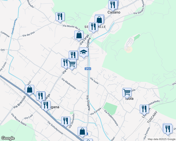 map of restaurants, bars, coffee shops, grocery stores, and more near 219 Via Dogana in Casano