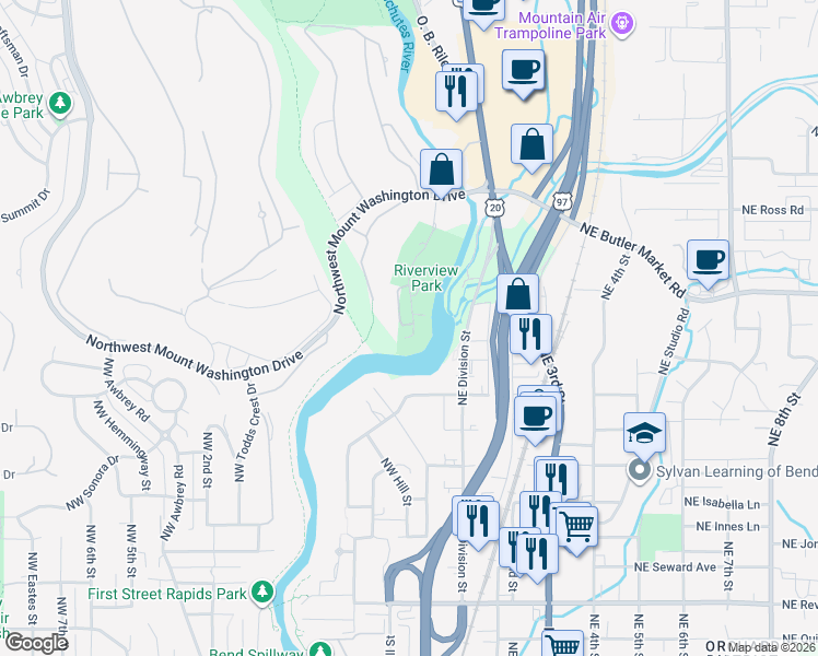 map of restaurants, bars, coffee shops, grocery stores, and more near 2595 Northwest Rippling River Court in Bend