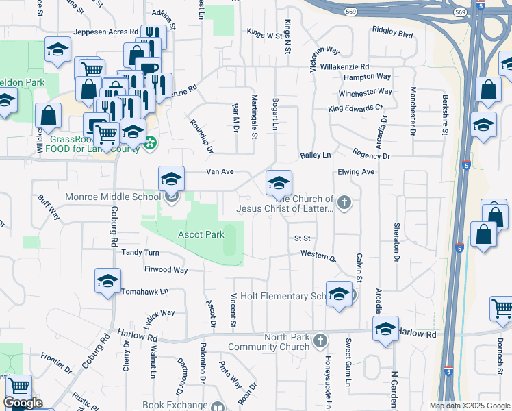 map of restaurants, bars, coffee shops, grocery stores, and more near 3117 Van Avenue in Eugene