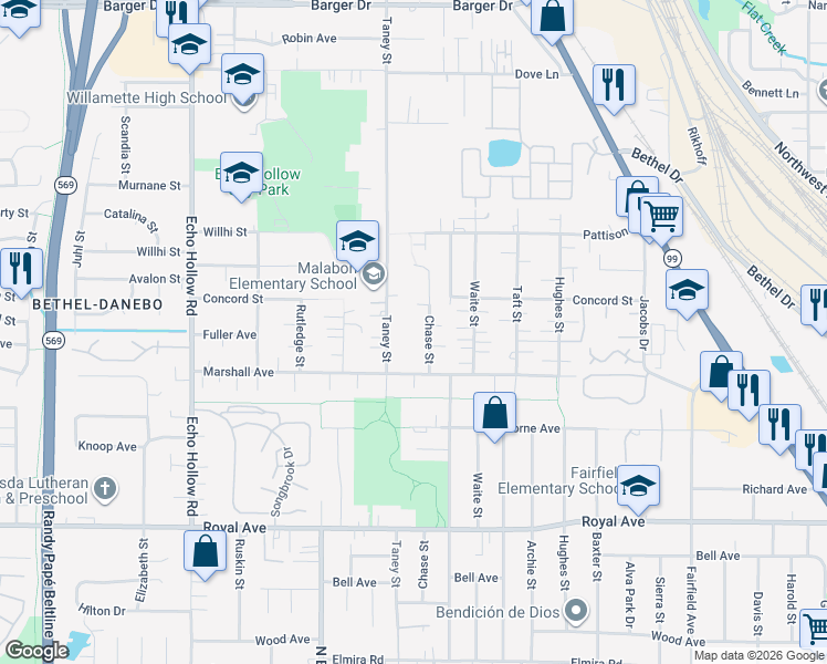 map of restaurants, bars, coffee shops, grocery stores, and more near 1310 Chase Street in Eugene