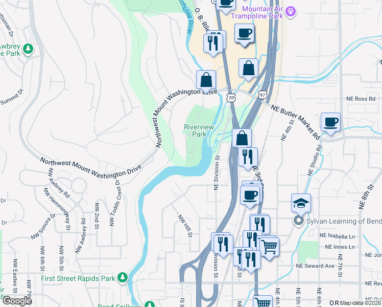map of restaurants, bars, coffee shops, grocery stores, and more near 2595 Northwest Rippling River Court in Bend