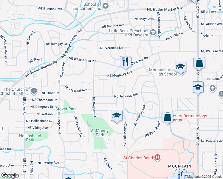 map of restaurants, bars, coffee shops, grocery stores, and more near 2540 Northeast Cretia Court in Bend