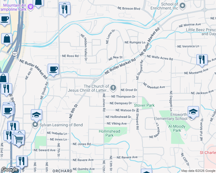 map of restaurants, bars, coffee shops, grocery stores, and more near 2672 Northeast Jones Road in Bend