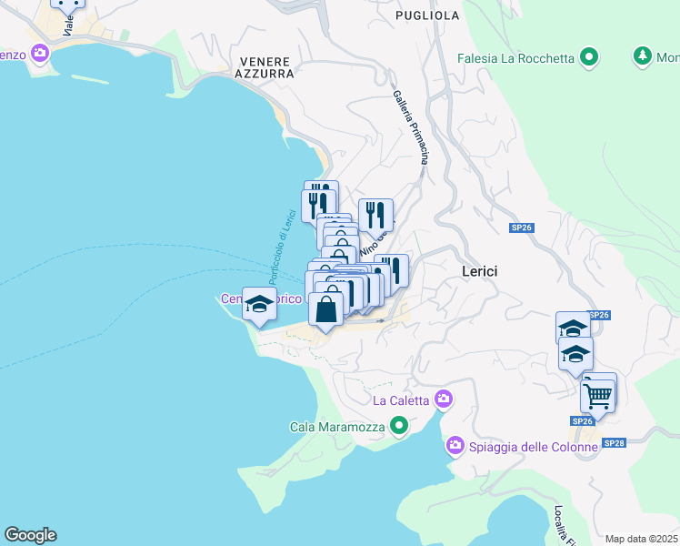 map of restaurants, bars, coffee shops, grocery stores, and more near 43 Via Roma in Lerici
