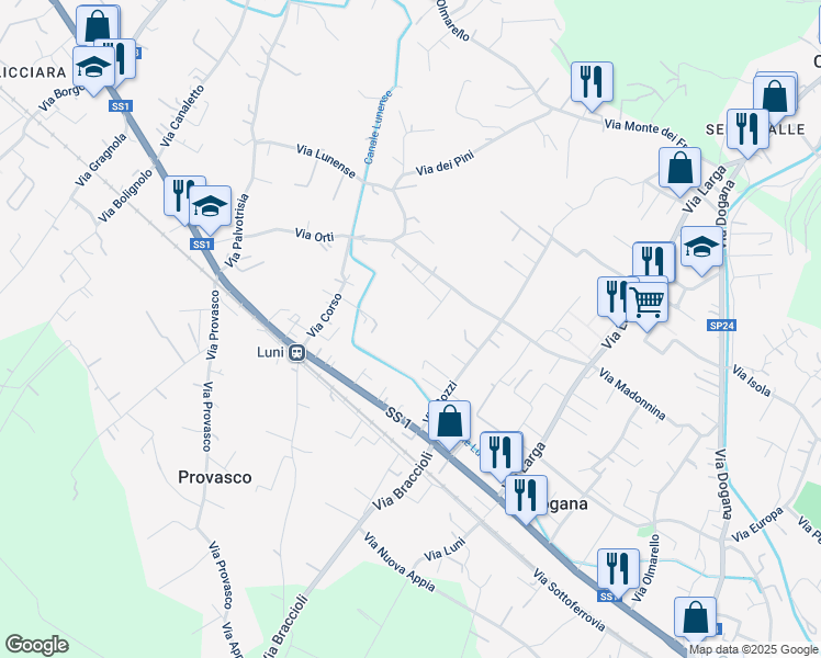 map of restaurants, bars, coffee shops, grocery stores, and more near in Dogana