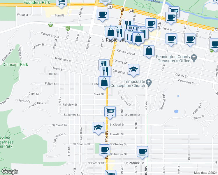 map of restaurants, bars, coffee shops, grocery stores, and more near 717 South Street in Rapid City
