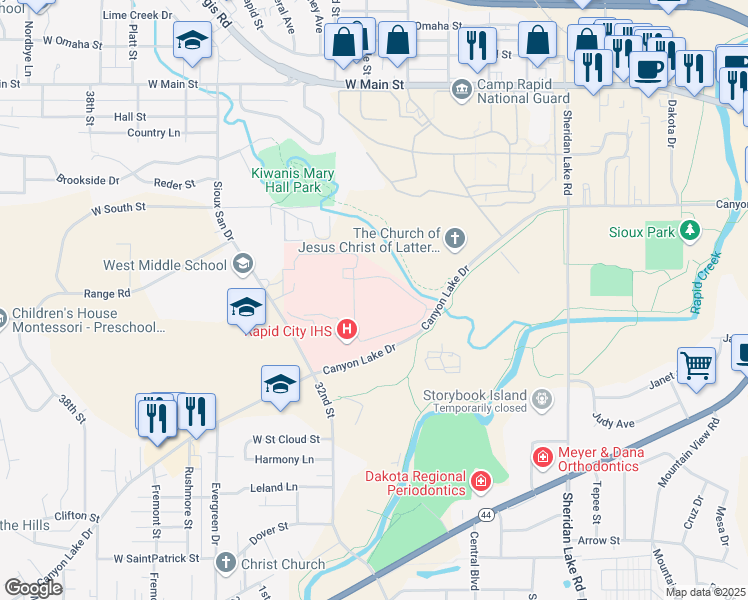 map of restaurants, bars, coffee shops, grocery stores, and more near 3200 Canyon Lake Drive in Rapid City