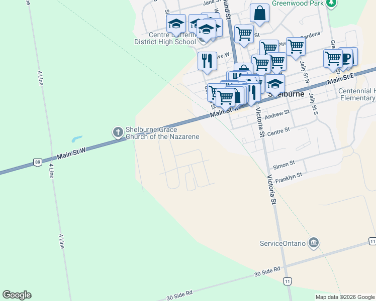 map of restaurants, bars, coffee shops, grocery stores, and more near 344 Stewart Street in Shelburne