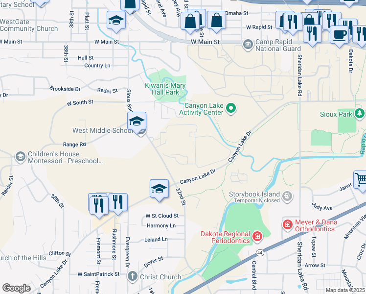 map of restaurants, bars, coffee shops, grocery stores, and more near 3200 Canyon Lake Drive in Rapid City