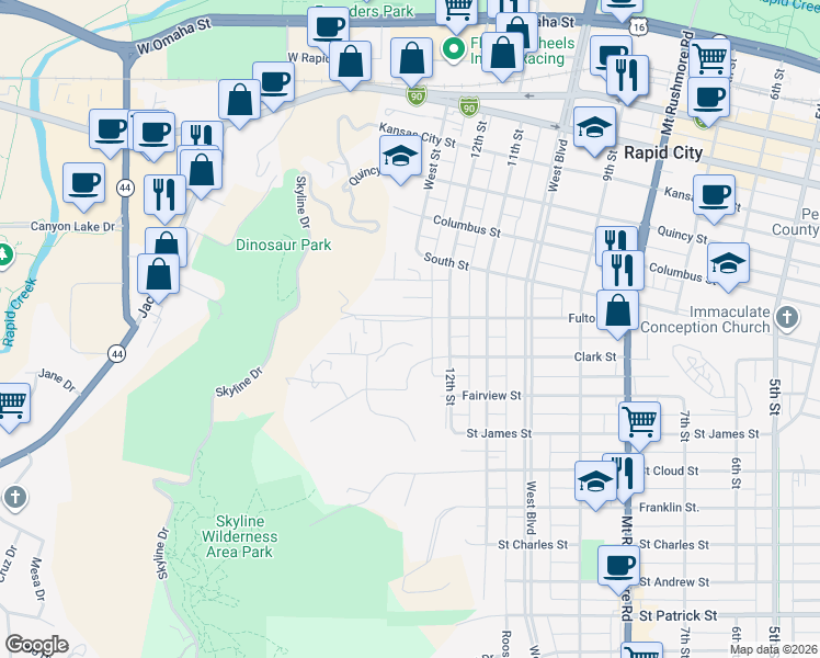 map of restaurants, bars, coffee shops, grocery stores, and more near 1223 Fulton Street in Rapid City