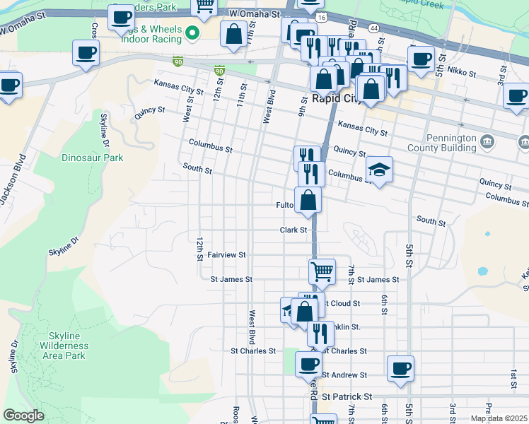 map of restaurants, bars, coffee shops, grocery stores, and more near 1016 West Boulevard in Rapid City