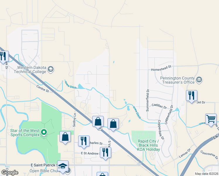 map of restaurants, bars, coffee shops, grocery stores, and more near 900-1198 North Valley Drive in Rapid City