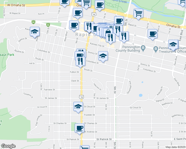 map of restaurants, bars, coffee shops, grocery stores, and more near 619 South Street in Rapid City