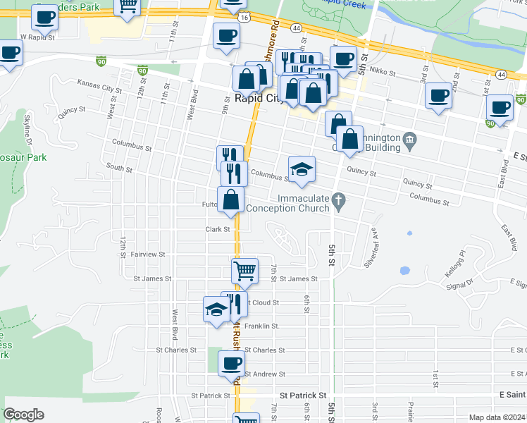 map of restaurants, bars, coffee shops, grocery stores, and more near 717 South Street in Rapid City