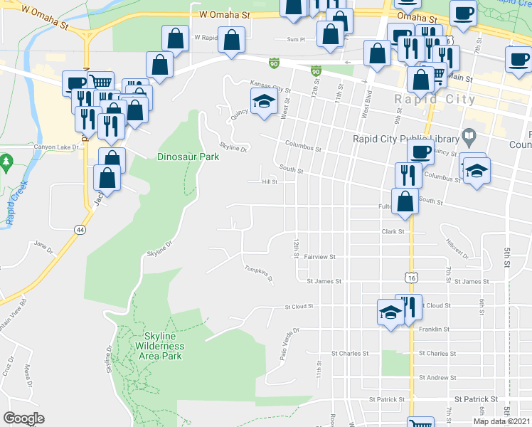 map of restaurants, bars, coffee shops, grocery stores, and more near 1218 Fulton Street in Rapid City