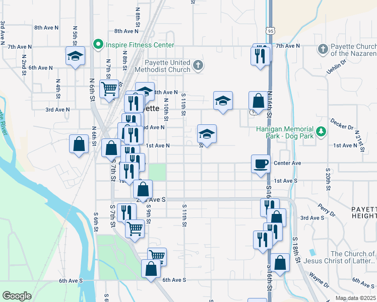map of restaurants, bars, coffee shops, grocery stores, and more near 1124 1st Avenue North in Payette