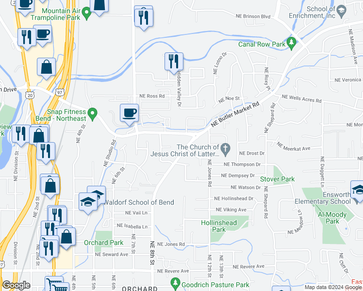 map of restaurants, bars, coffee shops, grocery stores, and more near 1005 Northeast Butler Market Road in Bend