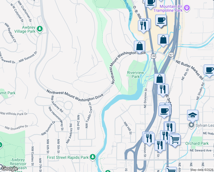 map of restaurants, bars, coffee shops, grocery stores, and more near 2400 Northwest Majestic Ridge Drive in Bend