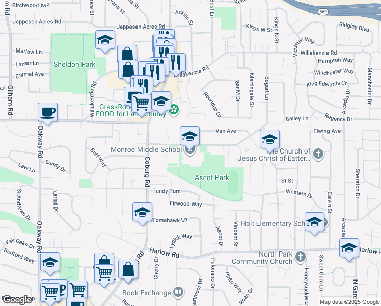 map of restaurants, bars, coffee shops, grocery stores, and more near 2800 Bailey Lane in Eugene