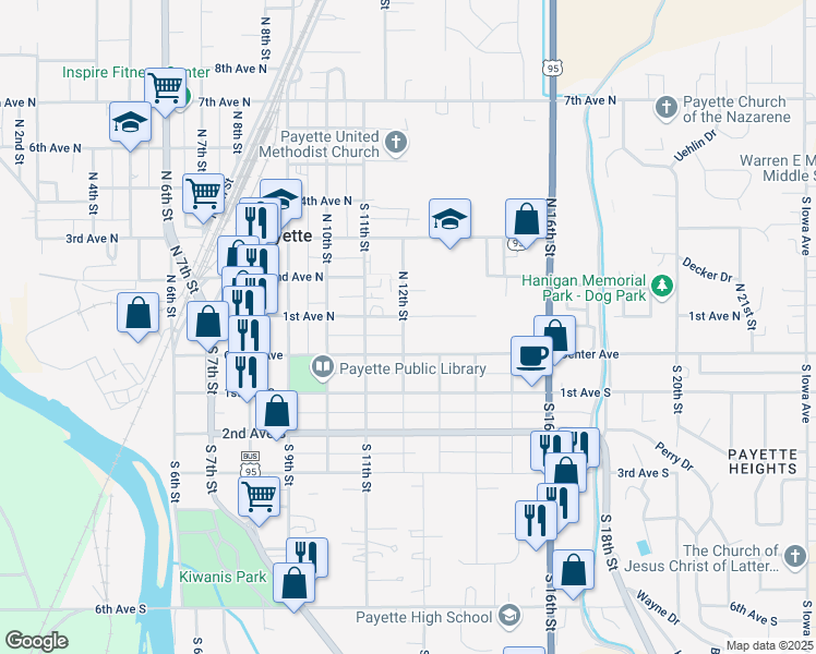 map of restaurants, bars, coffee shops, grocery stores, and more near 20 North 12th Street in Payette