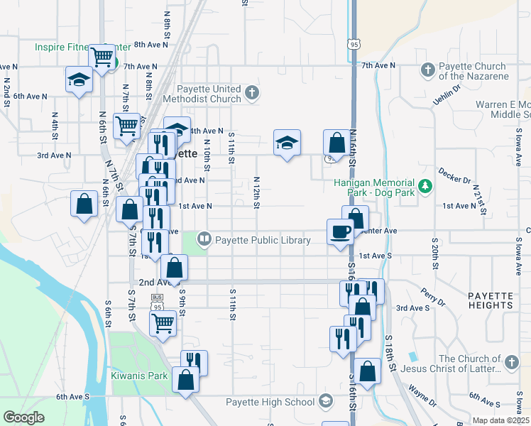 map of restaurants, bars, coffee shops, grocery stores, and more near 20 North 12th Street in Payette