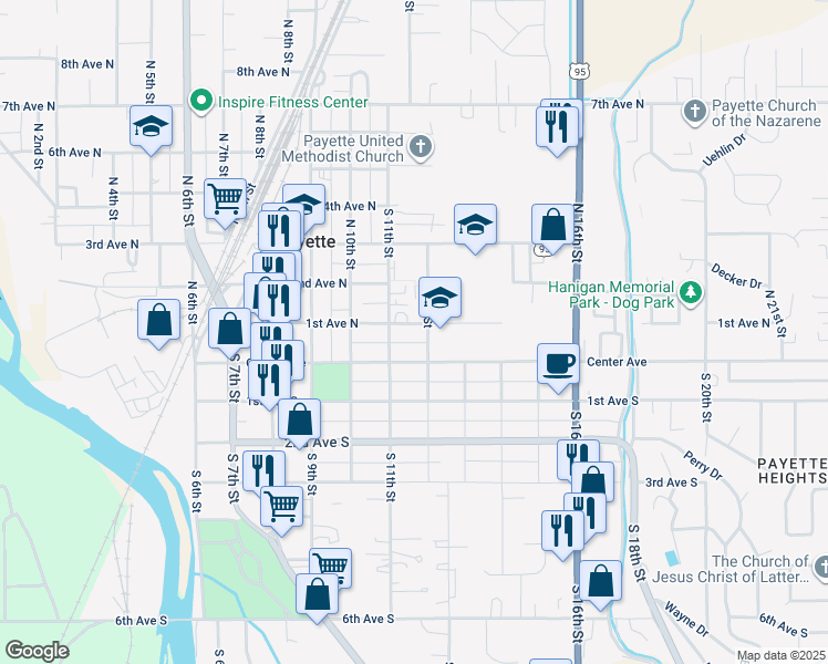 map of restaurants, bars, coffee shops, grocery stores, and more near 1124 1st Avenue North in Payette