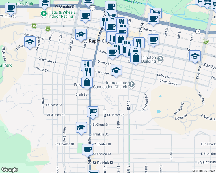 map of restaurants, bars, coffee shops, grocery stores, and more near 619 South Street in Rapid City