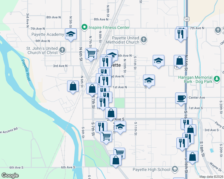 map of restaurants, bars, coffee shops, grocery stores, and more near 824 1st Avenue North in Payette