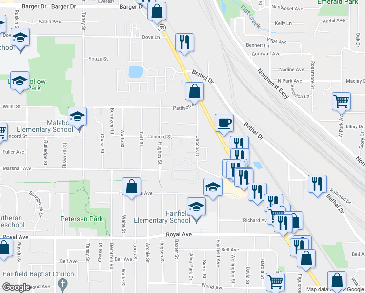map of restaurants, bars, coffee shops, grocery stores, and more near 3500 Concord Street in Eugene