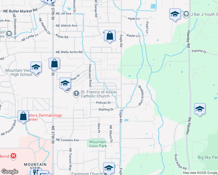 map of restaurants, bars, coffee shops, grocery stores, and more near 21372 Oakview Drive in Bend