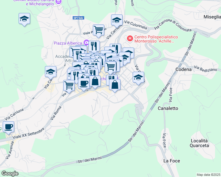 map of restaurants, bars, coffee shops, grocery stores, and more near 3 Via del Cavatore in Carrara