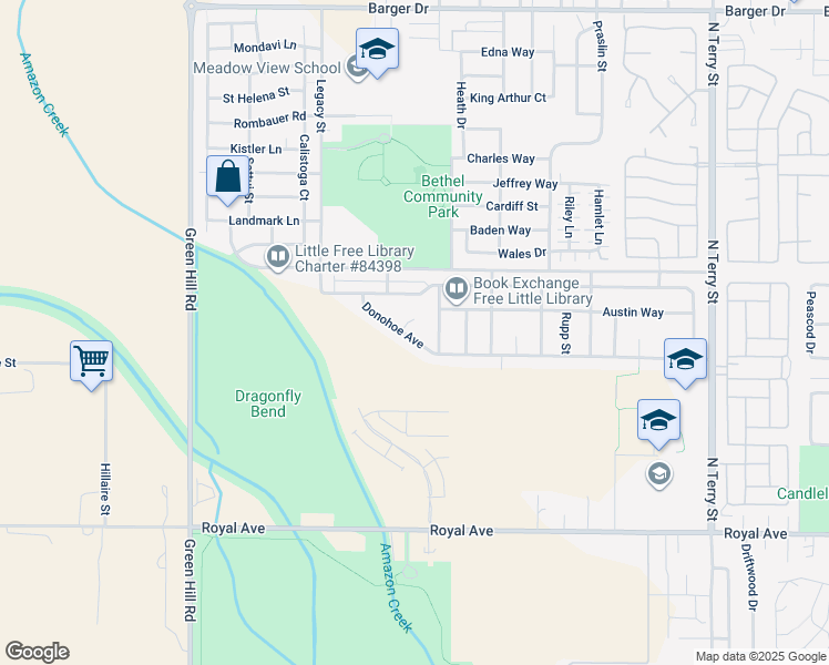 map of restaurants, bars, coffee shops, grocery stores, and more near 5735 Donohoe Avenue in Eugene