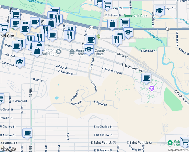 map of restaurants, bars, coffee shops, grocery stores, and more near 722 East Boulevard in Rapid City