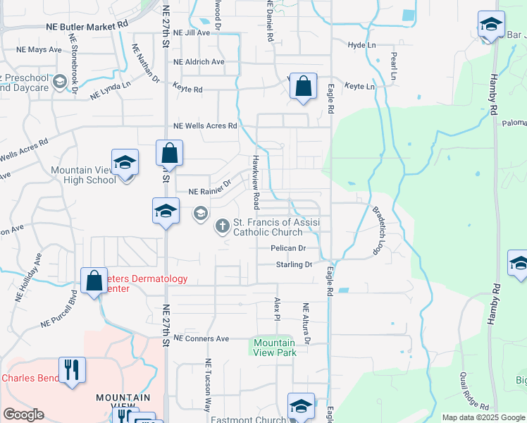 map of restaurants, bars, coffee shops, grocery stores, and more near 62665 Hawkview Road in Bend