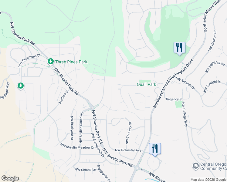 map of restaurants, bars, coffee shops, grocery stores, and more near 2691 Northwest Rainbow Ridge Drive in Bend