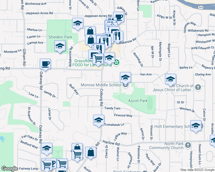 map of restaurants, bars, coffee shops, grocery stores, and more near 2730 Bailey Lane in Eugene