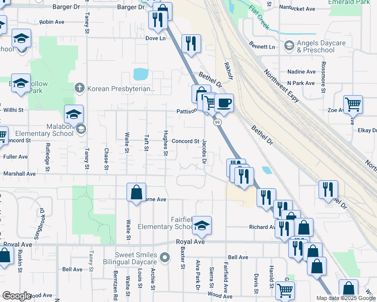 map of restaurants, bars, coffee shops, grocery stores, and more near 3500 Concord Street in Eugene