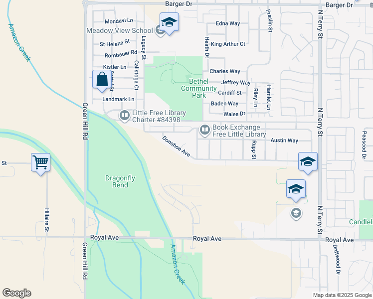 map of restaurants, bars, coffee shops, grocery stores, and more near 5735 Donohoe Avenue in Eugene