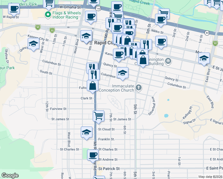 map of restaurants, bars, coffee shops, grocery stores, and more near 619 South Street in Rapid City