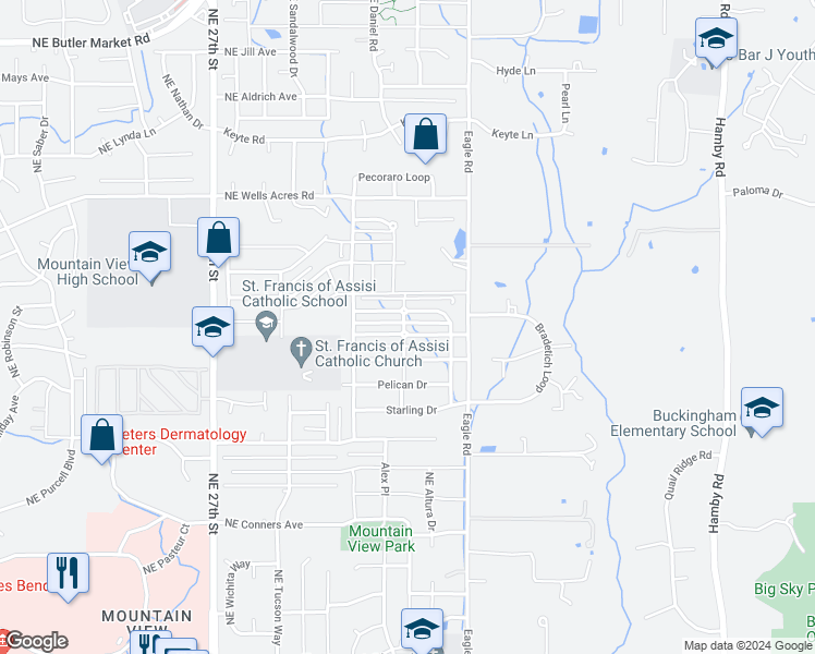 map of restaurants, bars, coffee shops, grocery stores, and more near 21360 Oakview Drive in Bend