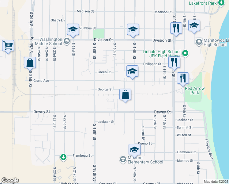 map of restaurants, bars, coffee shops, grocery stores, and more near 1526 George Street in Manitowoc