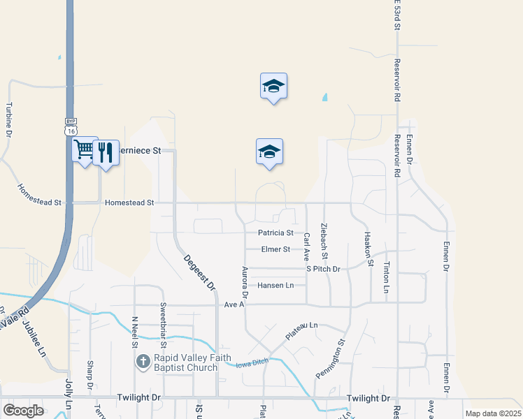 map of restaurants, bars, coffee shops, grocery stores, and more near 4821 Homestead Street in Rapid City