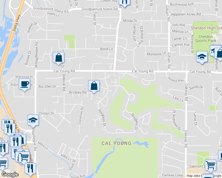 map of restaurants, bars, coffee shops, grocery stores, and more near 204 Spyglass Drive in Eugene