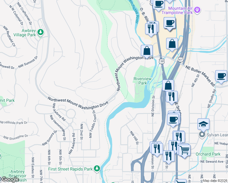 map of restaurants, bars, coffee shops, grocery stores, and more near 2400 Northwest Majestic Ridge Drive in Bend