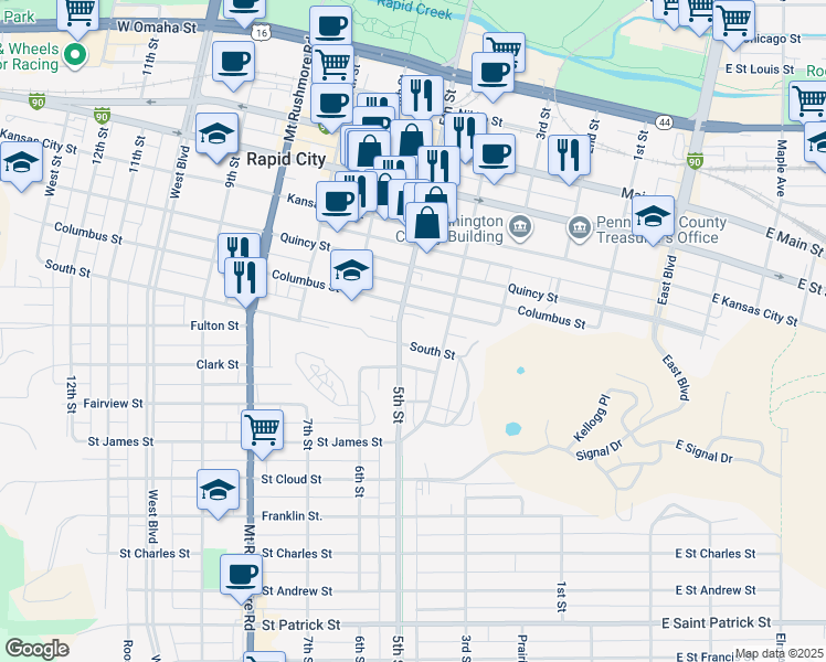 map of restaurants, bars, coffee shops, grocery stores, and more near 918 5th Street in Rapid City